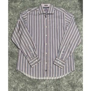 Bugatchi Dress Shirt Mens Striped Purple Button Down 15.5"Neck 35" Sleeve